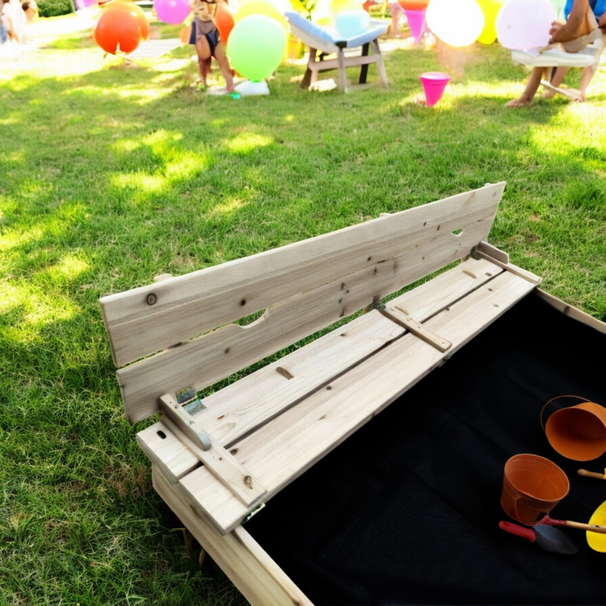 Benbo Kids nagy fa homokozó padokkal és összecsukható fedéllel – 157 × 157 cm