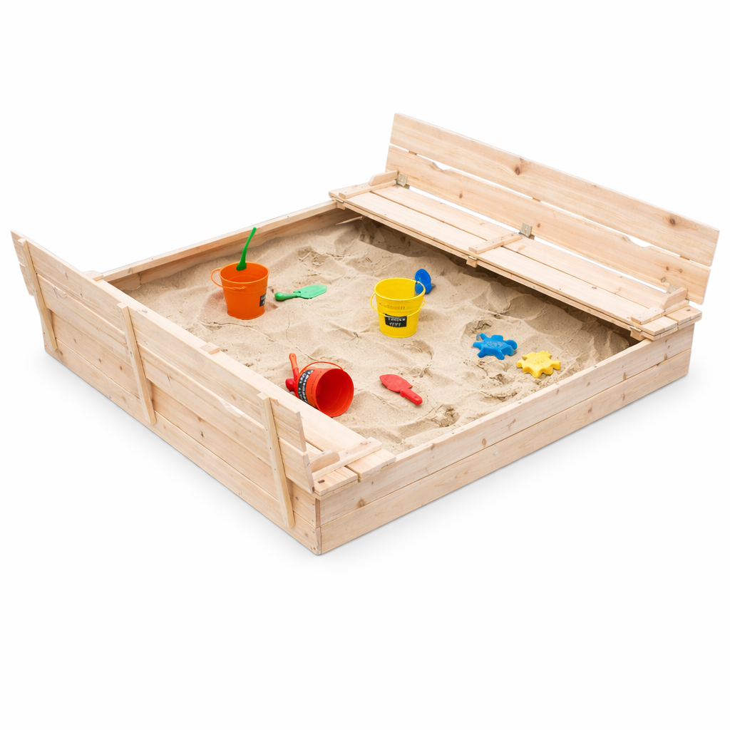 Benbo Kids nagy fa homokozó padokkal és összecsukható fedéllel – 157 × 157 cm