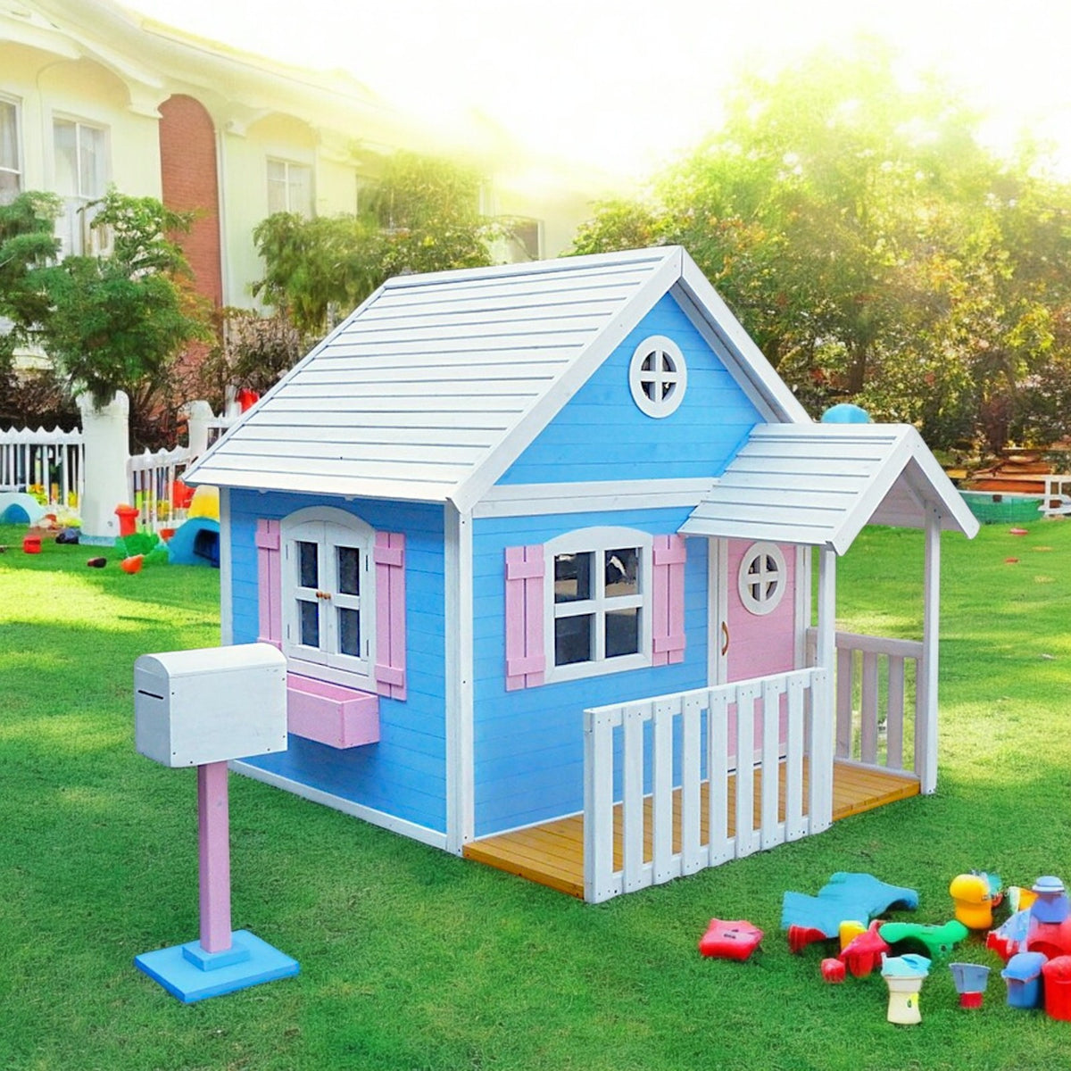 Benbo Kids nagy fa kerti játszóház verandával – 194 × 229 × 210 cm