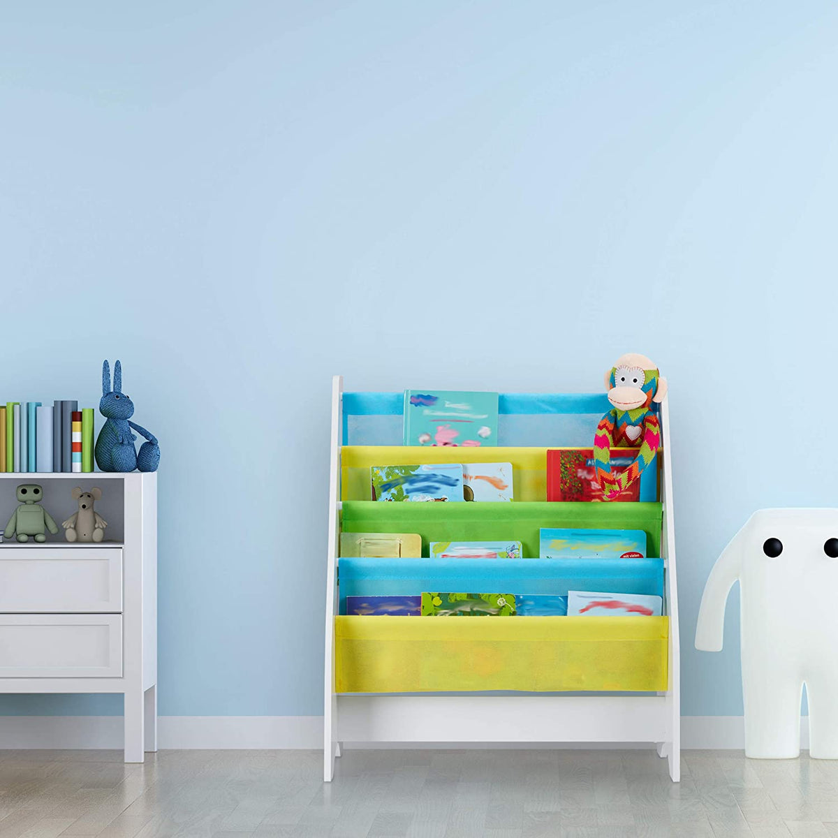 Benbo Kids Mermaid gyermek könyvespolc 4 textil rekesszel – sellő és delfin mintával