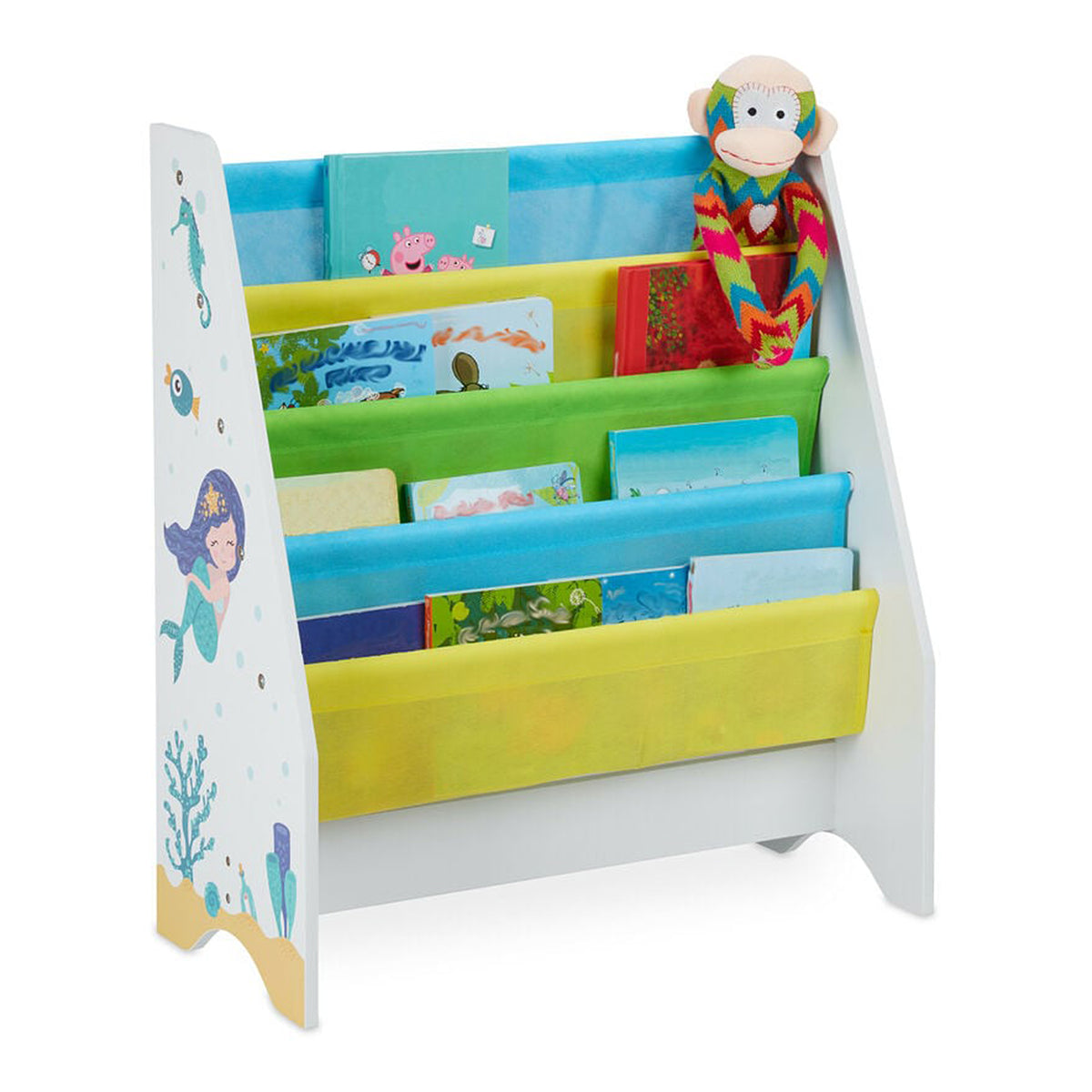 Benbo Kids Mermaid gyermek könyvespolc 4 textil rekesszel – sellő és delfin mintával