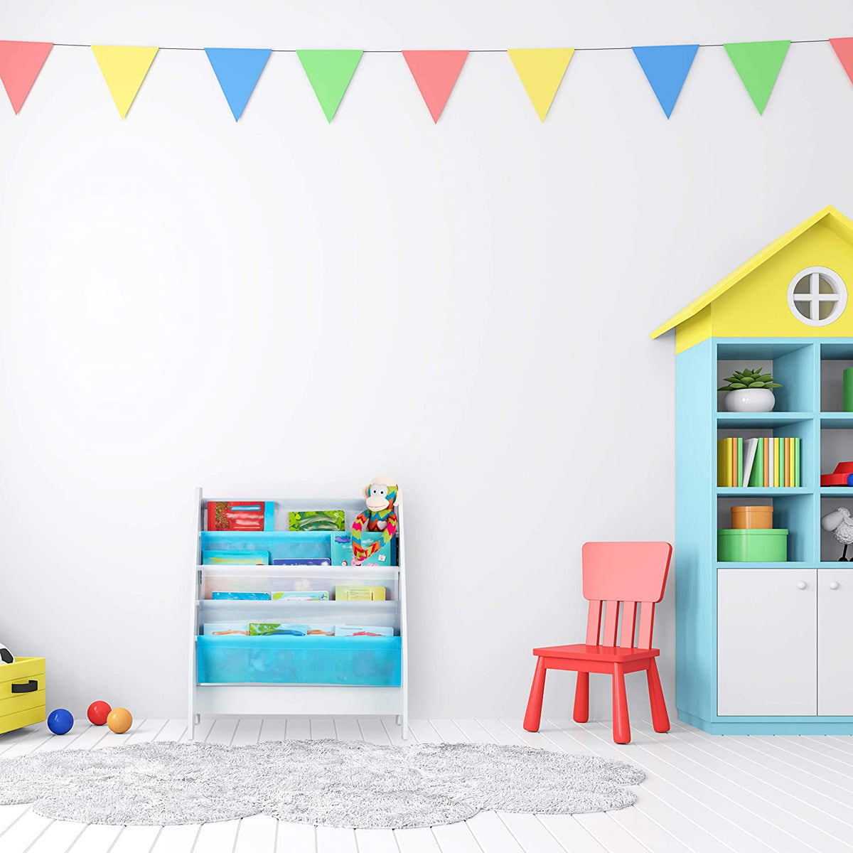 Benbo Kids Mermaid gyermek könyvespolc 4 textil rekesszel – sellő és delfin mintával