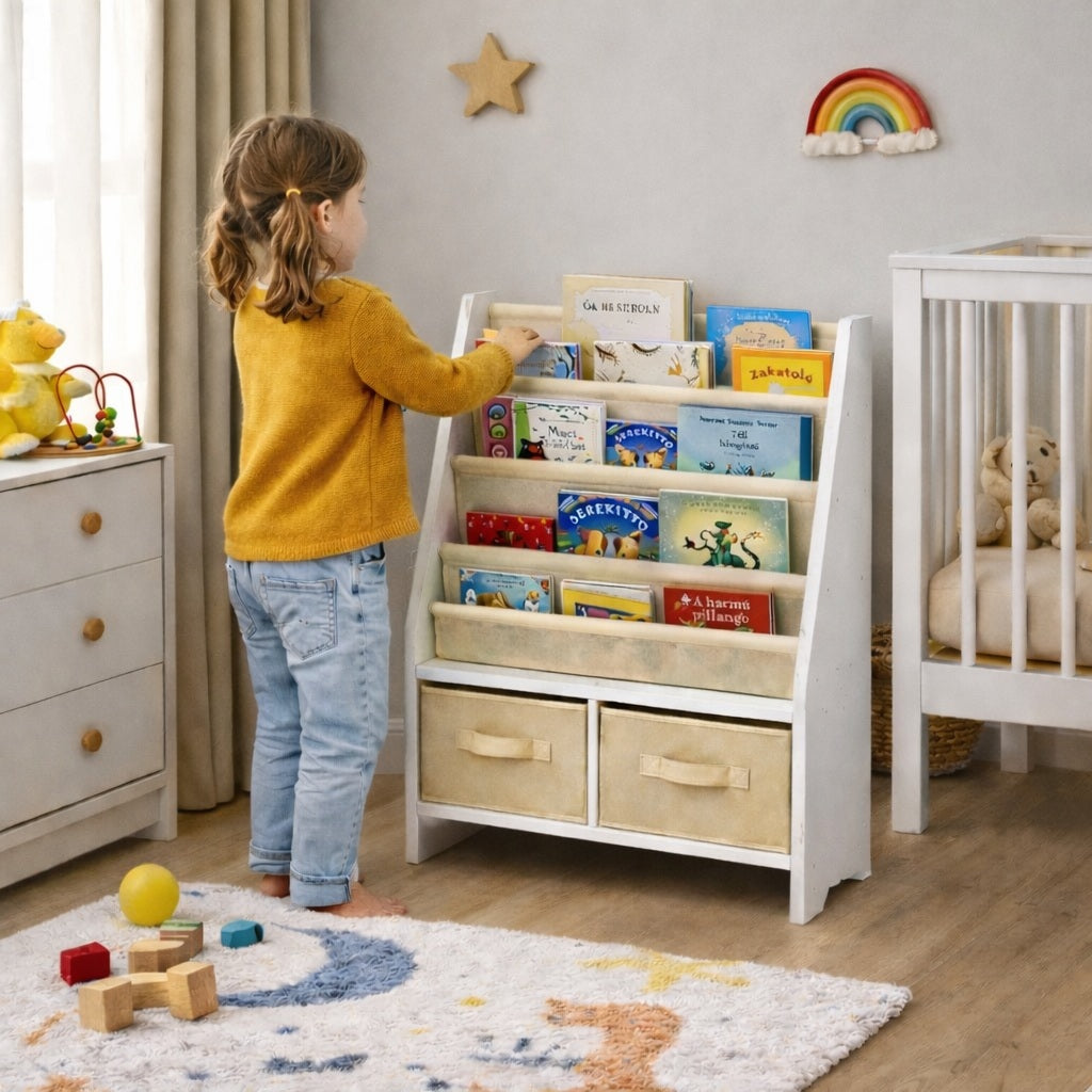 Benbo Kids 2 az 1-ben gyermek könyvtartó és játéktároló 5 könyves rekesszel és 2 textil dobozzal – fehér-bézs