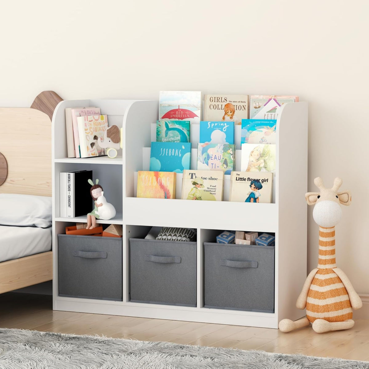 Benbo Kids nagyméretű gyermek könyv- és játéktároló 3 textil dobozzal – fehér-szürke