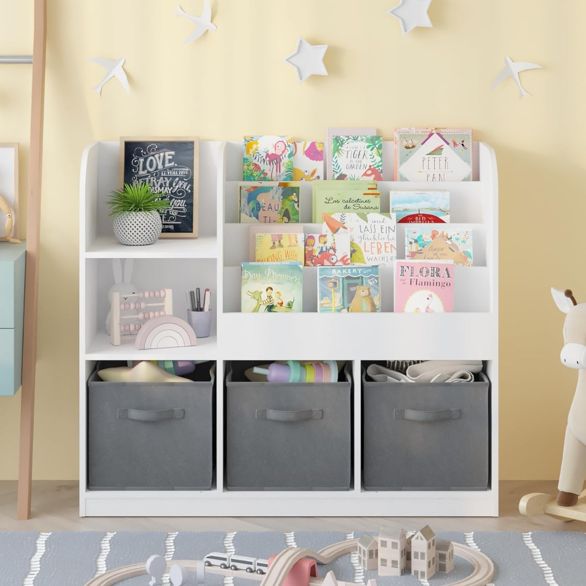 Benbo Kids nagyméretű gyermek könyv- és játéktároló 3 textil dobozzal – fehér-szürke