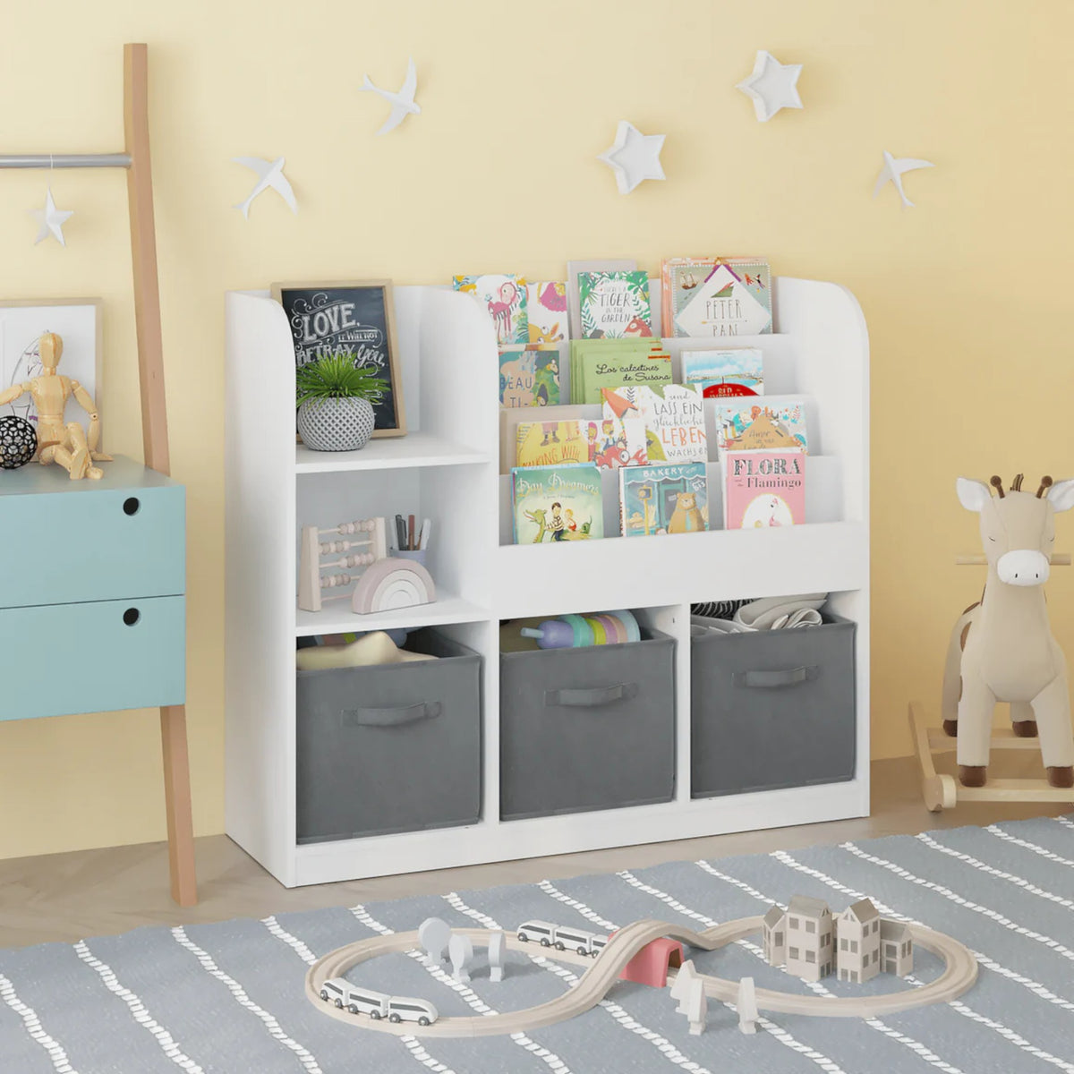Benbo Kids nagyméretű gyermek könyv- és játéktároló 3 textil dobozzal – fehér-szürke