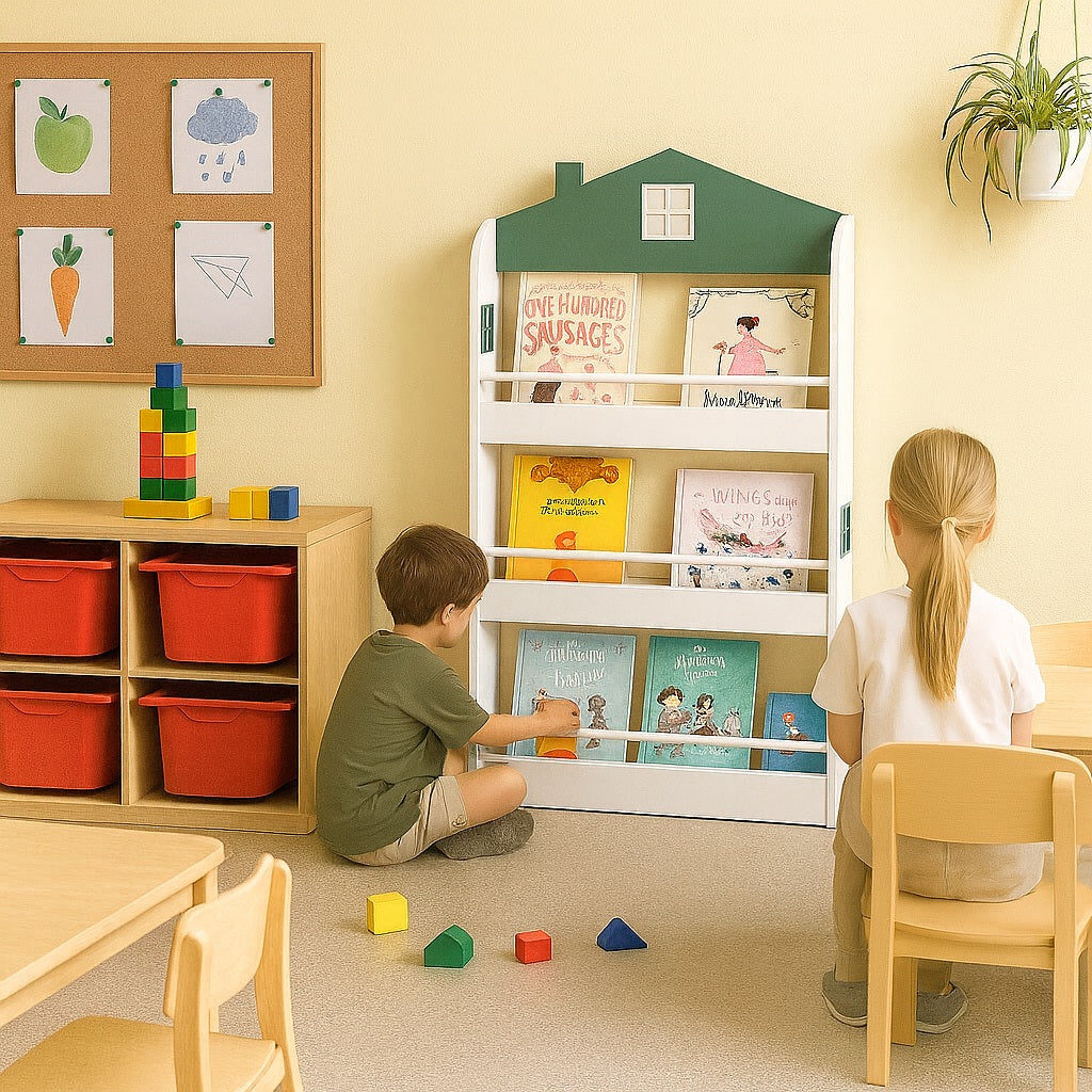 Benbo Kids házikó formájú gyermek könyv- és játéktároló 3 polccal – fehér-zöld