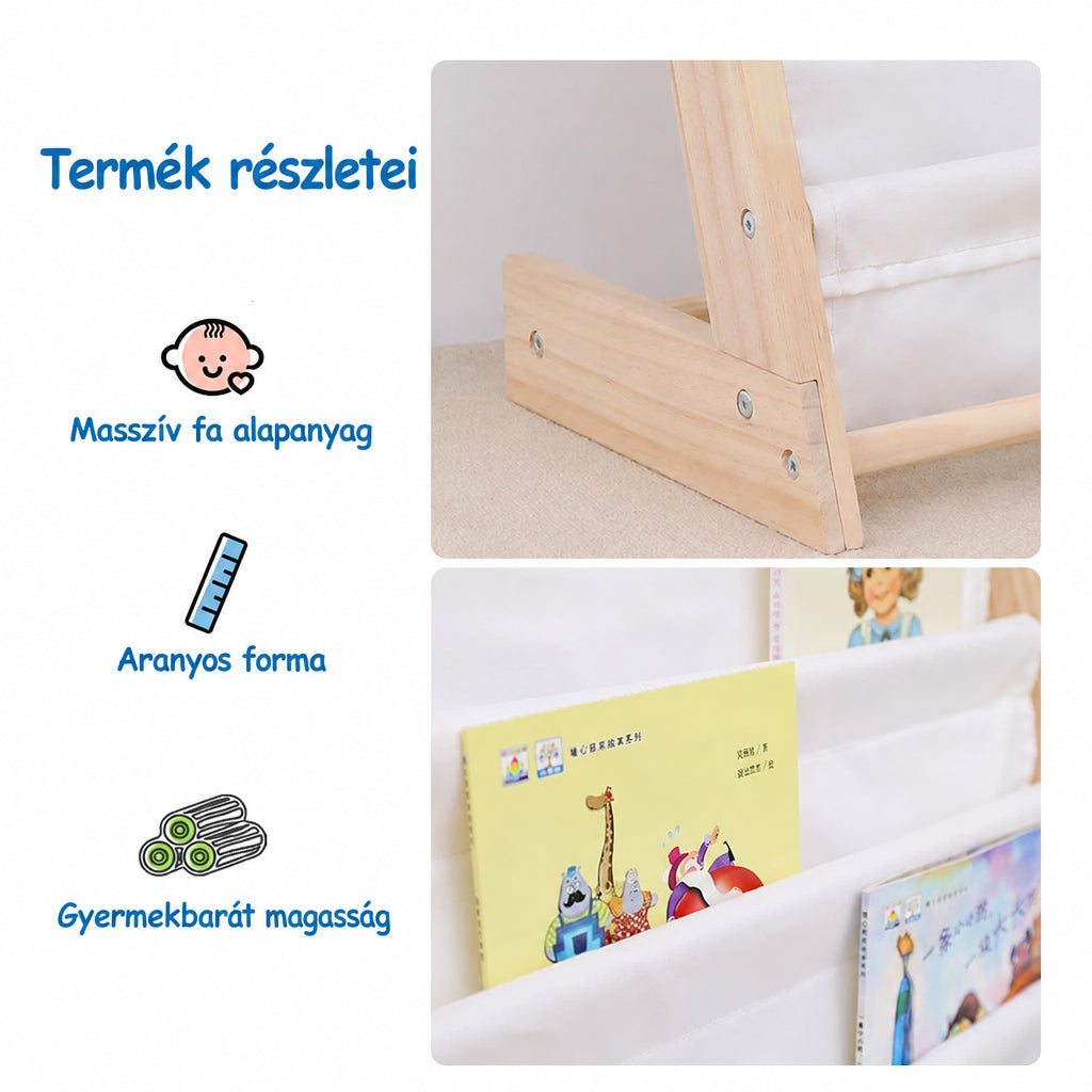 Benbo Kids bambusz gyermek könyvespolc 6 textil rekesszel – natúr-bézs