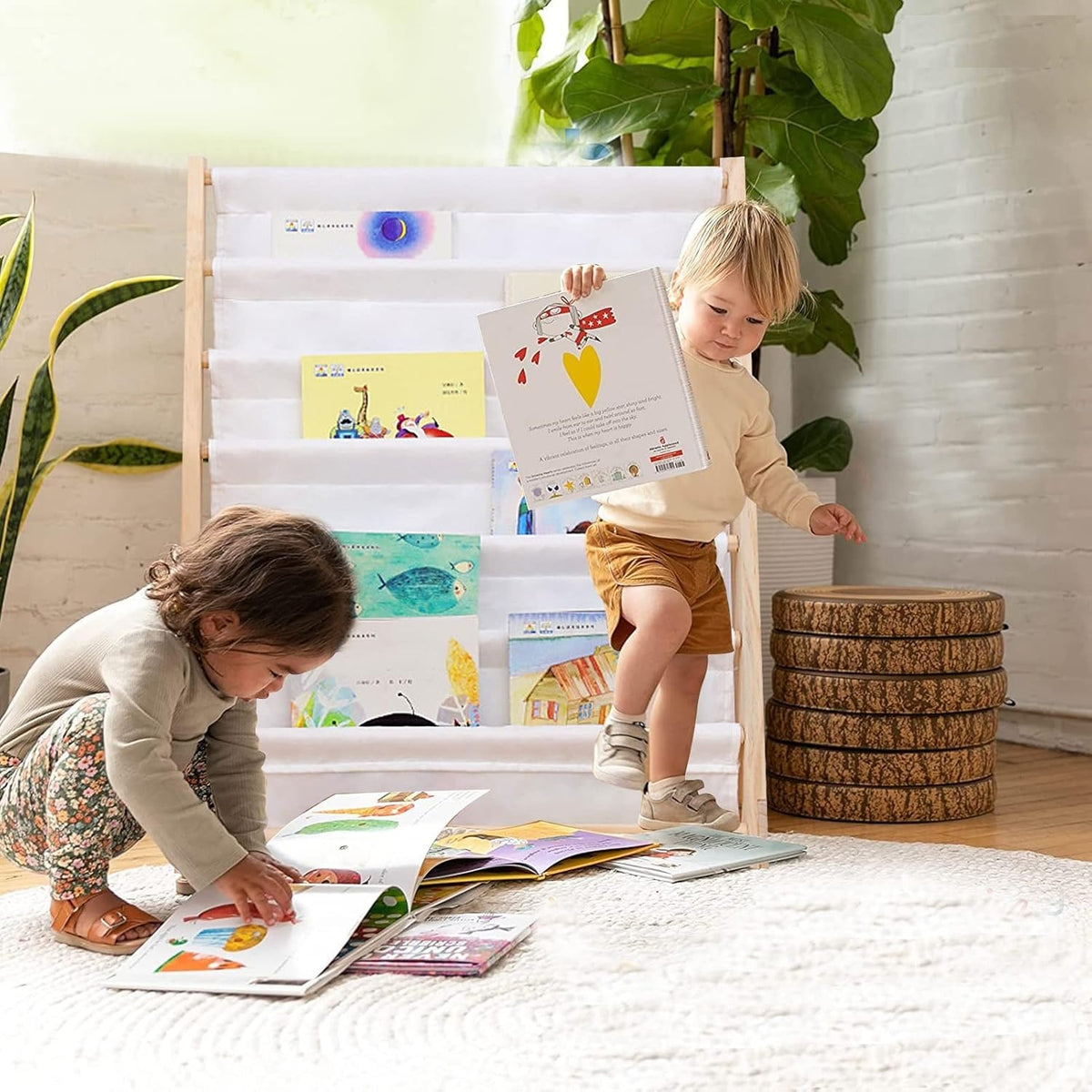 Benbo Kids bambusz gyermek könyvespolc 6 textil rekesszel – natúr-bézs