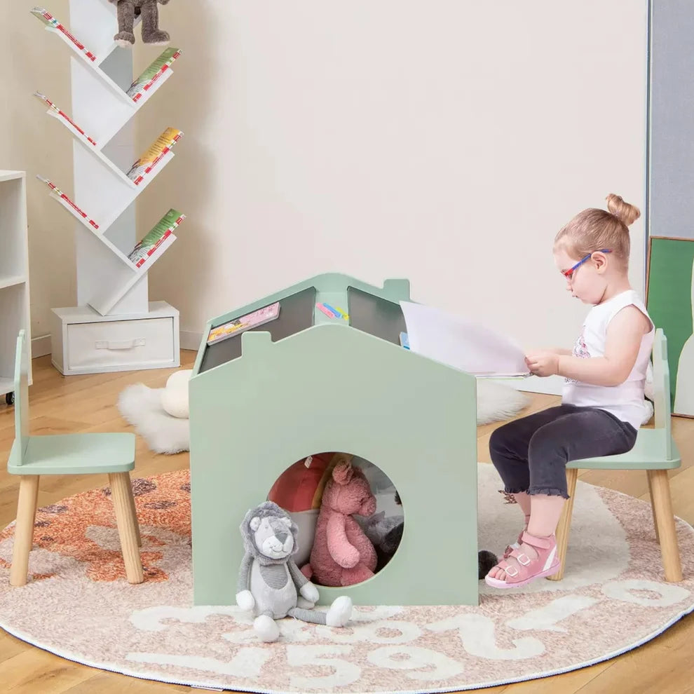 Benbo Kids multifunkciós gyermekasztal 2 székkel és házikó formájú krétatáblával – zöld