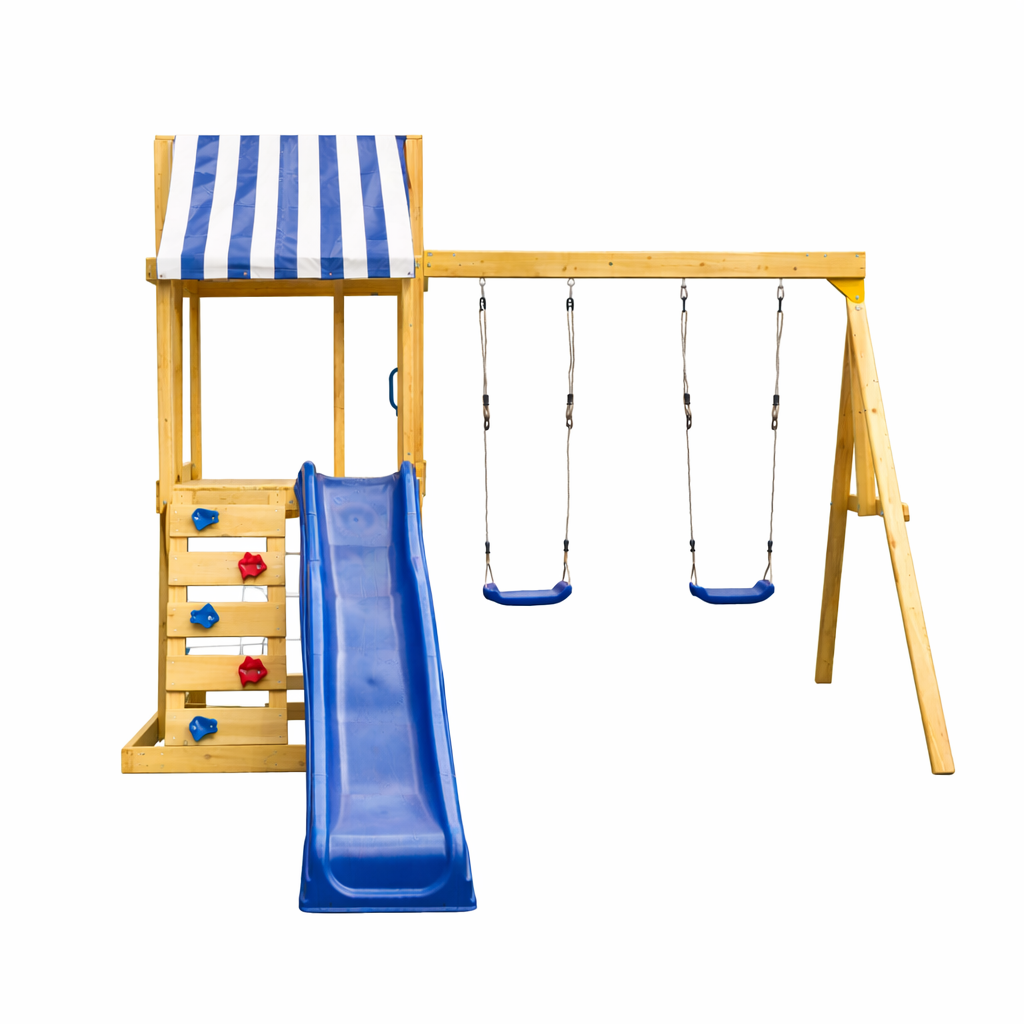 Benbo Kids fa kerti játszótér mászóhálóval és 2,2 méteres csúszdával