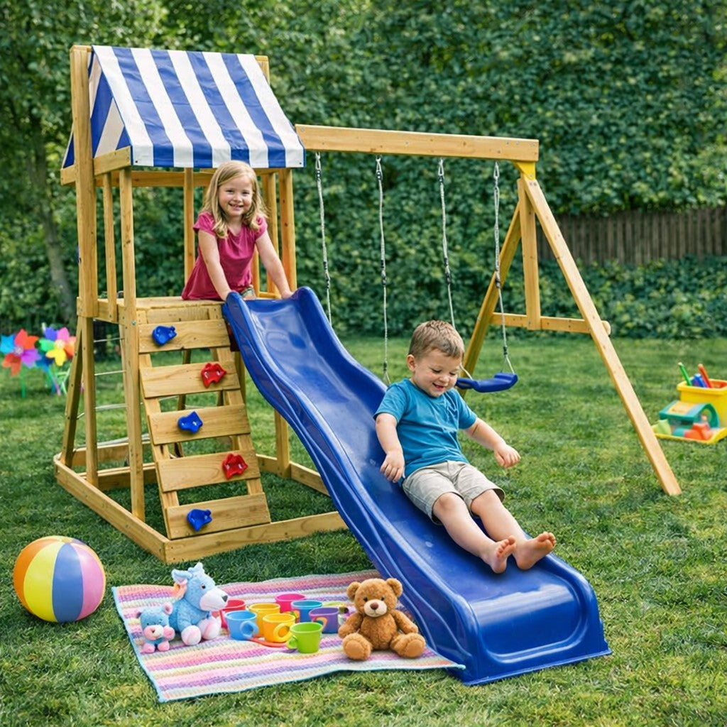 Benbo Kids fa kerti játszótér mászóhálóval és 2,2 méteres csúszdával