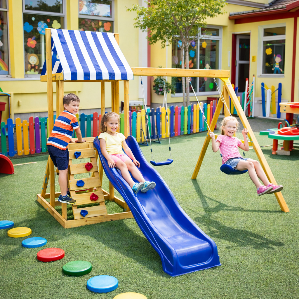 Benbo Kids fa kerti játszótér mászóhálóval és 2,2 méteres csúszdával