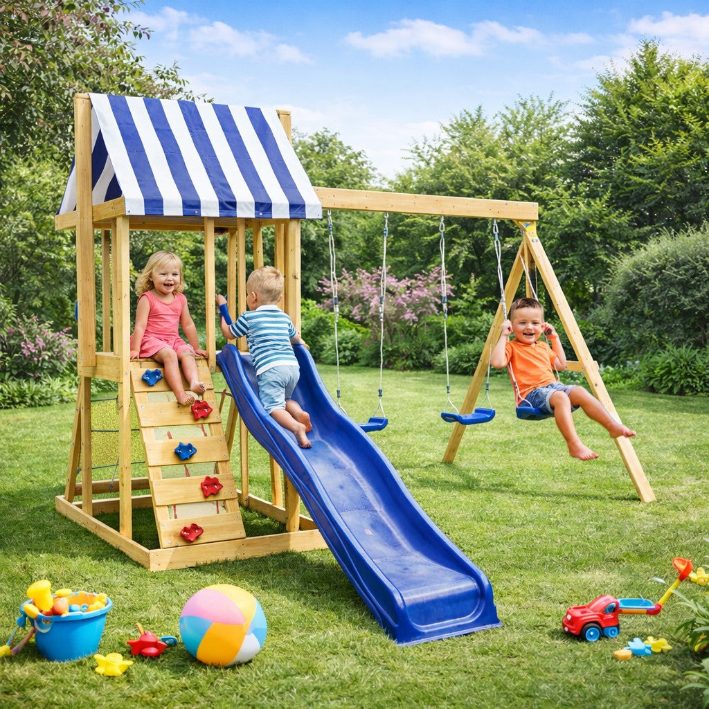 Benbo Kids fa kerti játszótér mászóhálóval és 2,2 méteres csúszdával