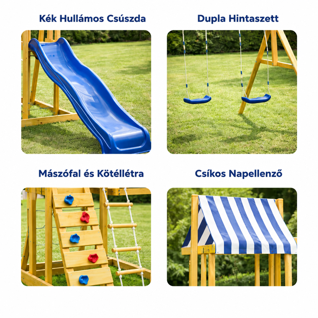 Benbo Kids fa kerti játszótér mászóhálóval és 2,2 méteres csúszdával