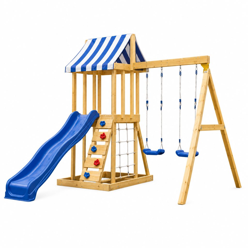 Benbo Kids fa kerti játszótér mászóhálóval és 2,2 méteres csúszdával
