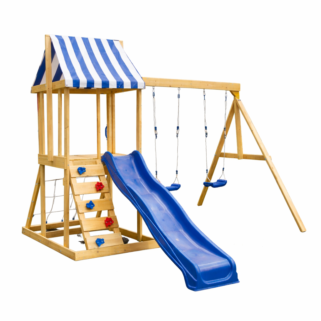 Benbo Kids fa kerti játszótér mászóhálóval és 2,2 méteres csúszdával