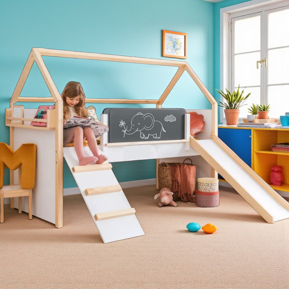 Benbo Kids házikó formájú galériaágy csúszdával, krétatáblával és játszórésszel – 90 × 200 cm