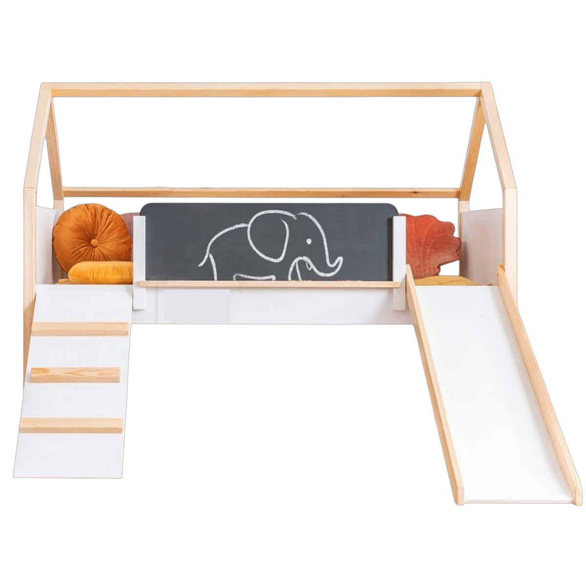Benbo Kids házikó formájú galériaágy csúszdával, krétatáblával és játszórésszel – 90 × 200 cm