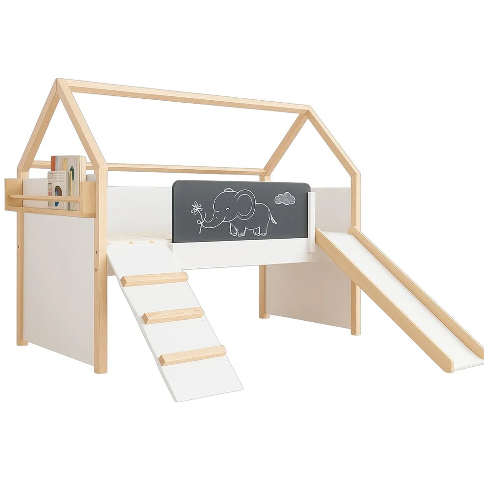 Benbo Kids házikó formájú galériaágy csúszdával, krétatáblával és játszórésszel – 90 × 200 cm