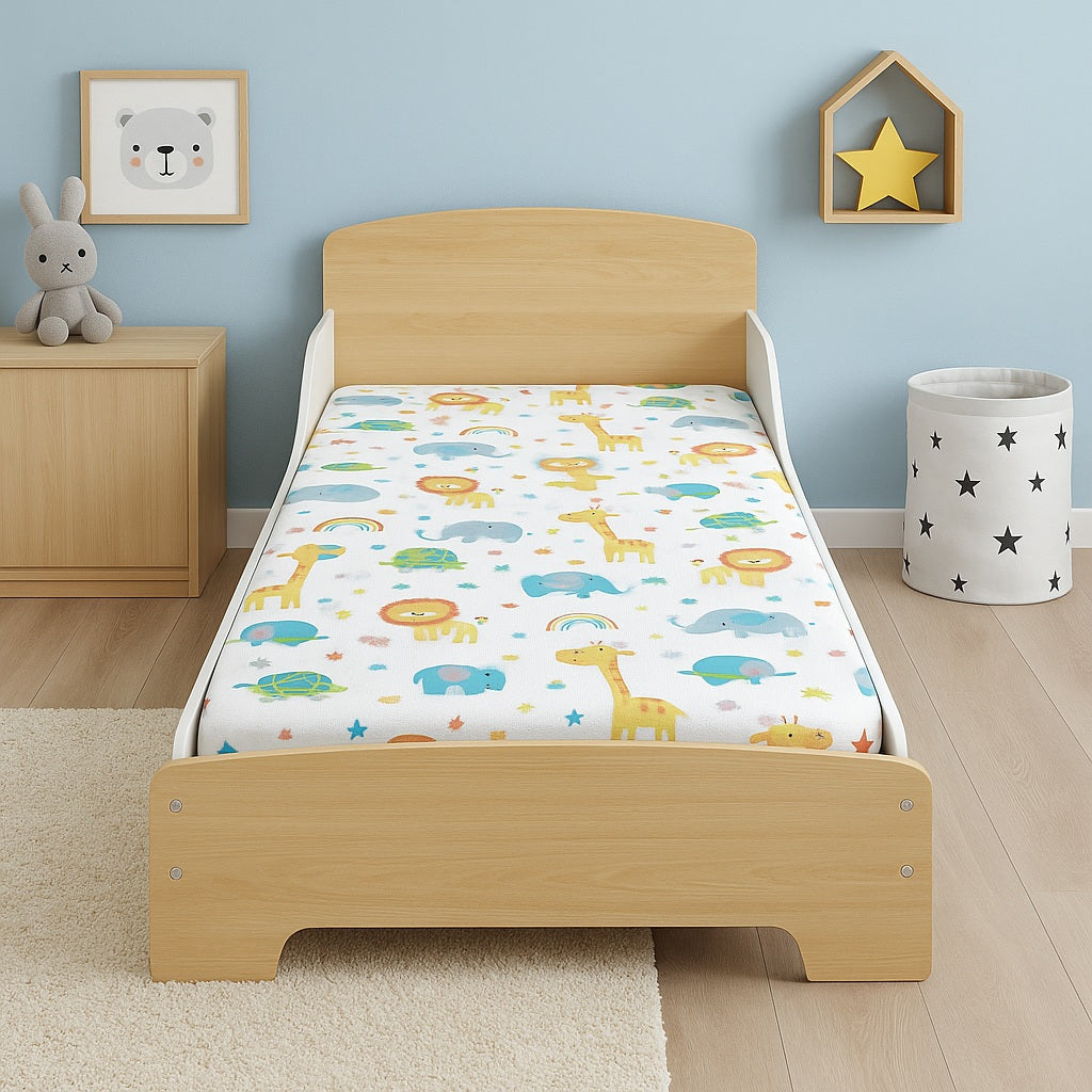 Benbo Kids gyermekágy leesésgátlóval és ágyráccsal – fehér-natúr, 140 × 70 cm