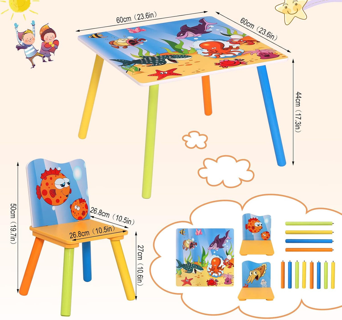 Benbo Kids SEA LIFE gyermekasztal 2 székkel – tengeri állatos