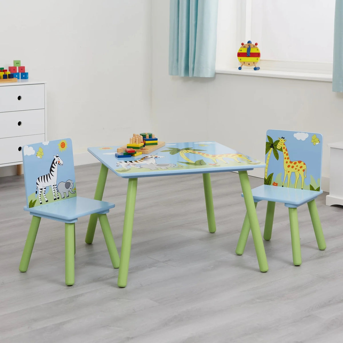 Benbo Kids SAVANNA gyermekasztal 2 székkel – zebra és zsiráf mintával