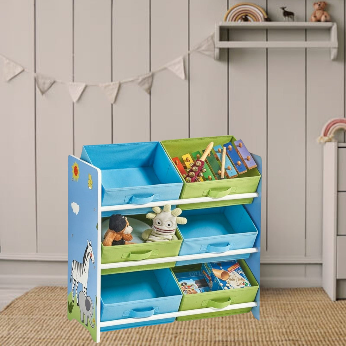 Benbo Kids SAVANNA gyermek játéktároló textil rekeszekkel – zebra és zsiráf mintával