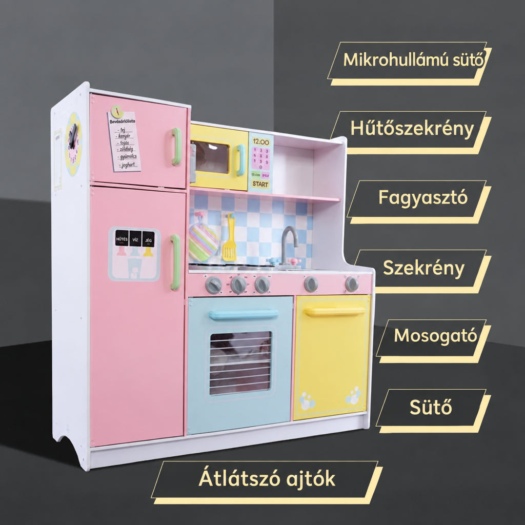 Benbo Kids nagy fa játékkonyha sütővel, hűtővel, mikrohullámú sütővel és mosogatóval – pasztell