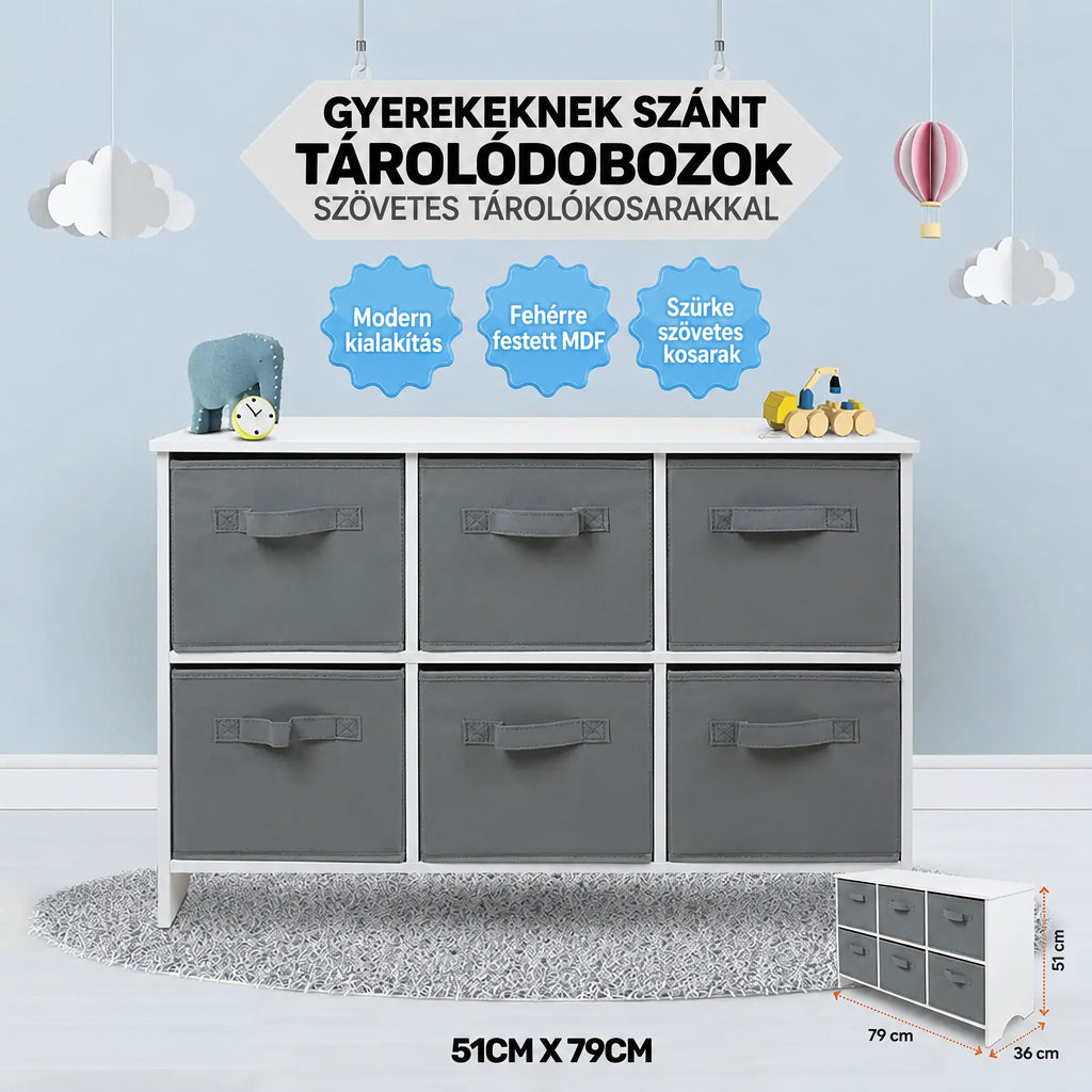 Benbo Kids gyermek komód 6 textil fiókkal – fehér-szürke