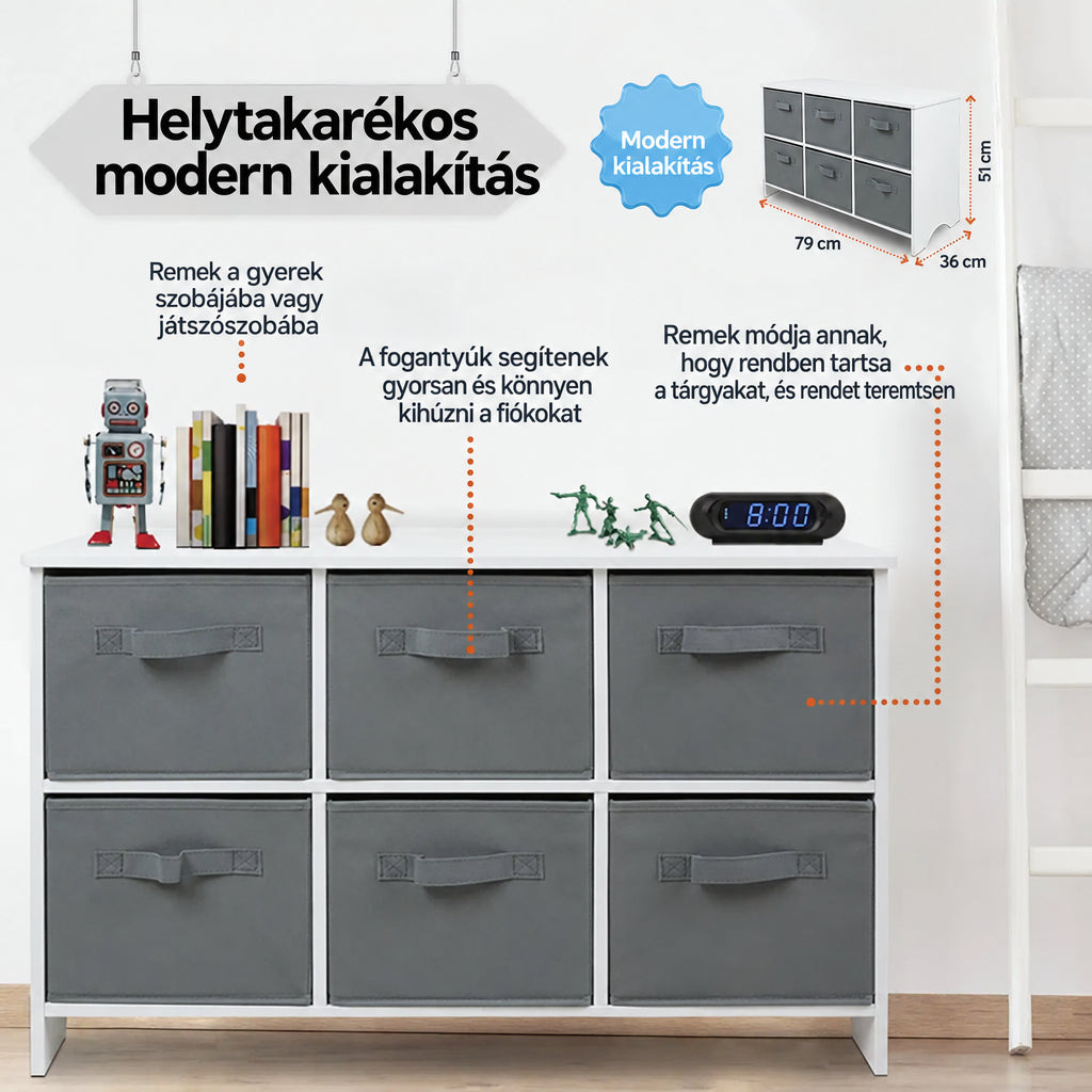 Benbo Kids gyermek komód 6 textil fiókkal – fehér-szürke