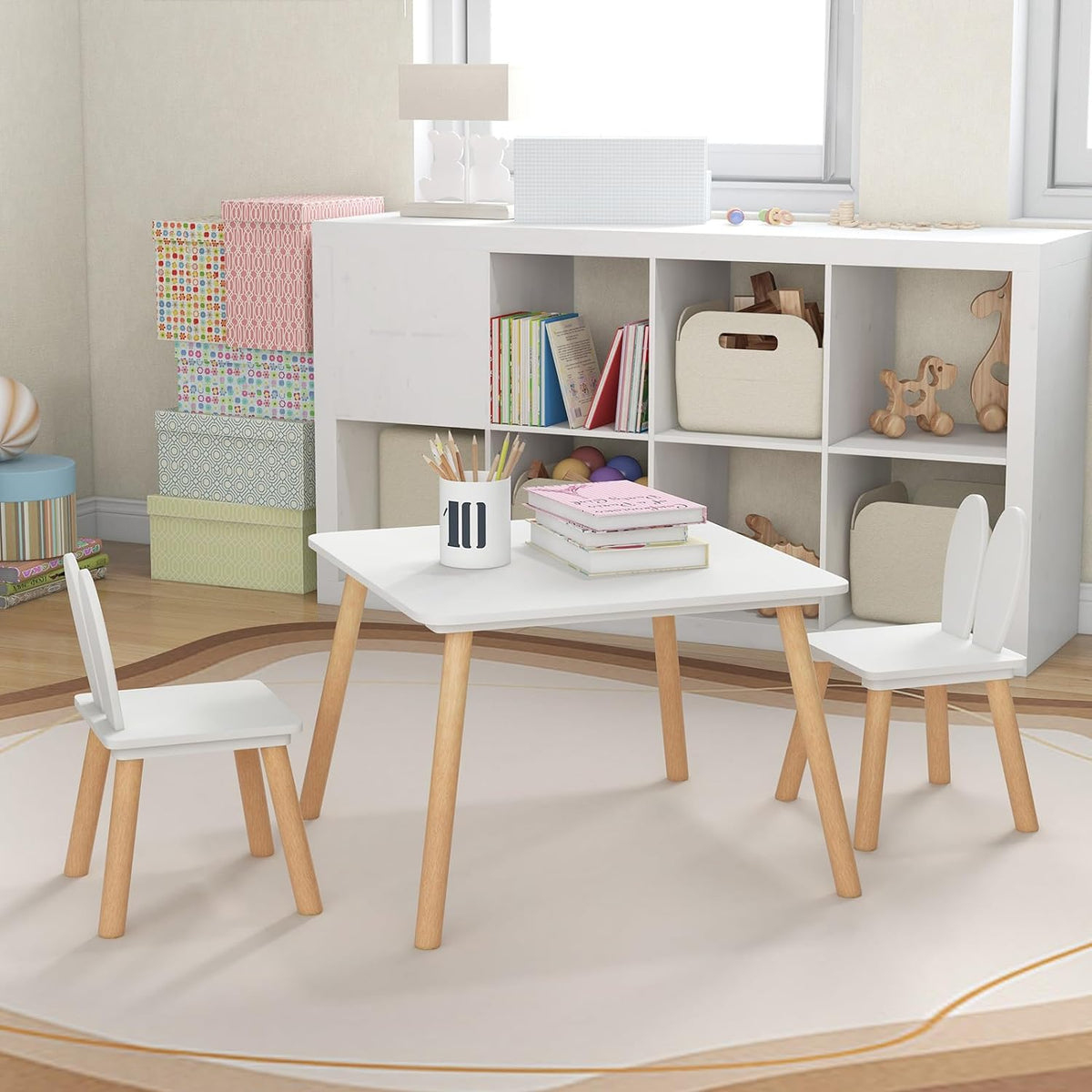 Benbo Kids BUNNY fa gyermekasztal 2 nyuszifüles székkel – fehér