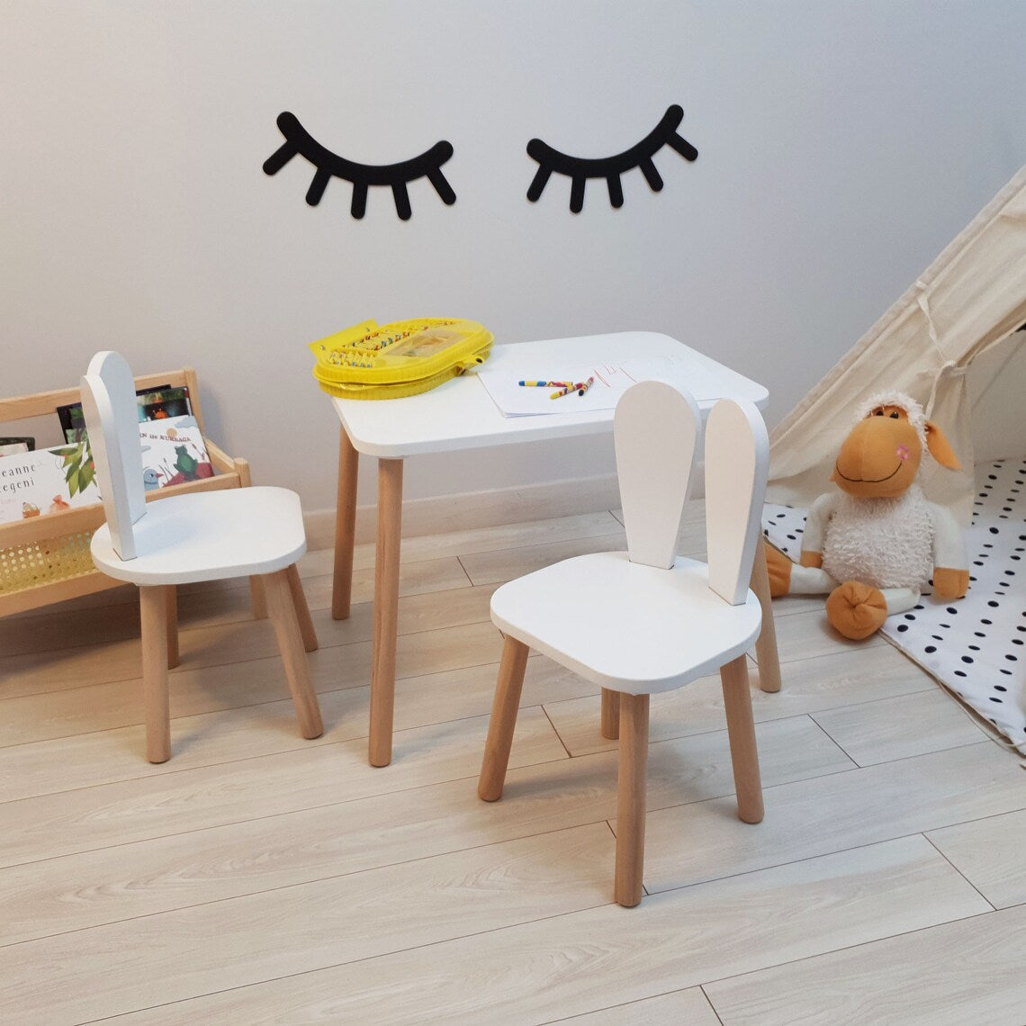 Benbo Kids BUNNY fa gyermekasztal 2 nyuszifüles székkel – fehér