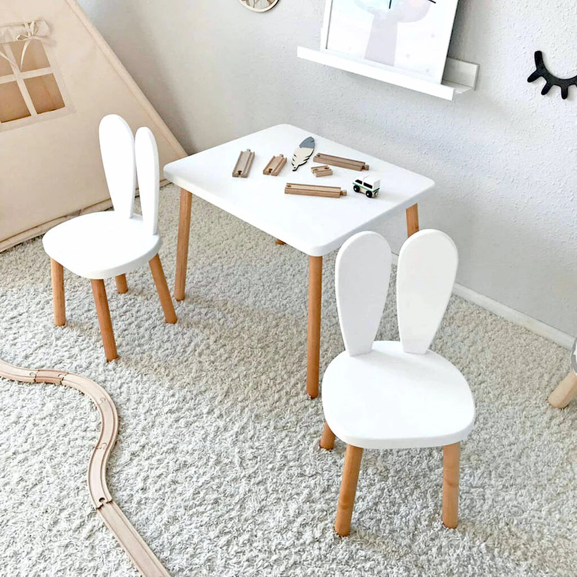Benbo Kids BUNNY fa gyermekasztal 2 nyuszifüles székkel – fehér