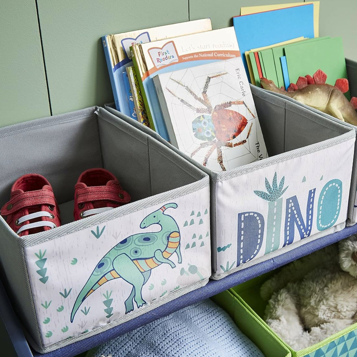 Benbo Kids DINOSAUR gyermek játéktároló textil rekeszekkel – kék-zöld