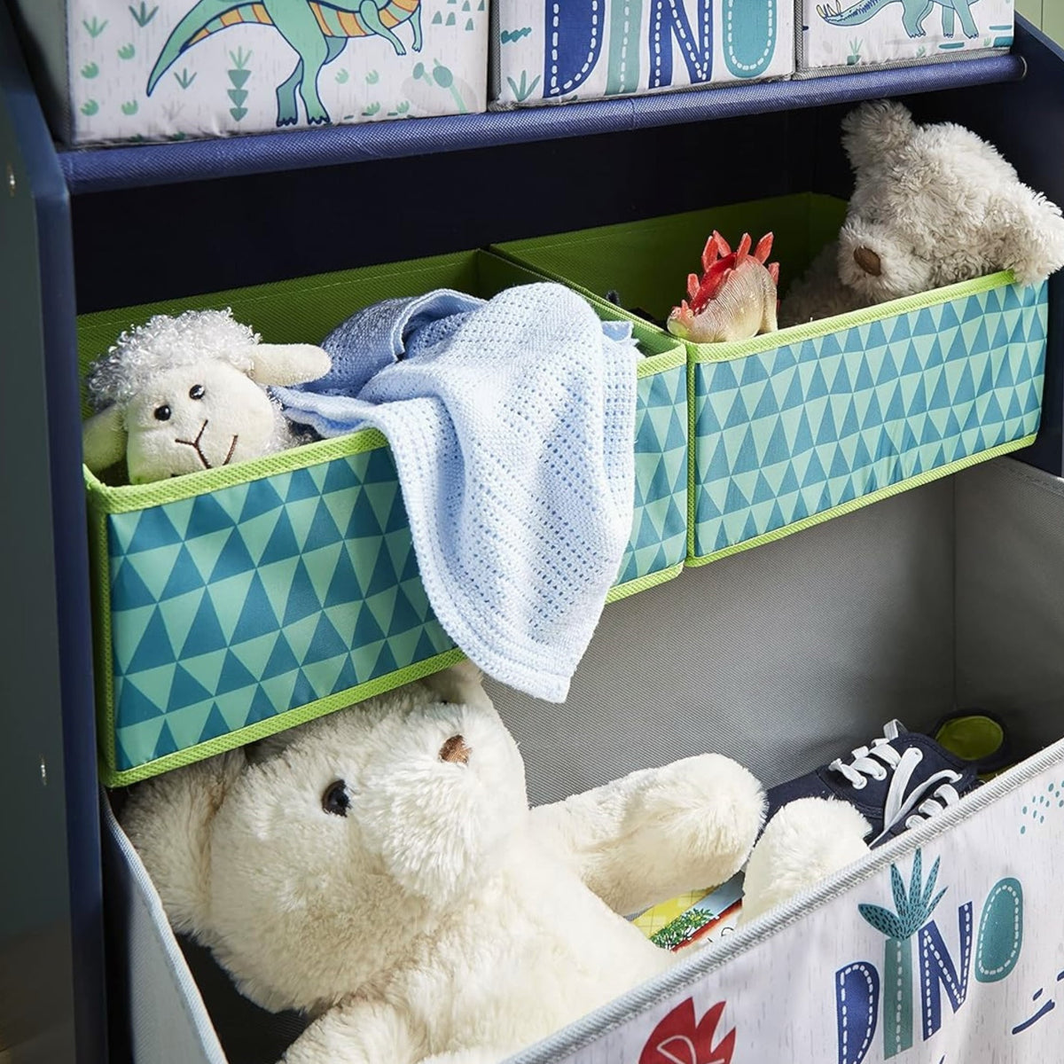 Benbo Kids DINOSAUR gyermek játéktároló textil rekeszekkel – kék-zöld