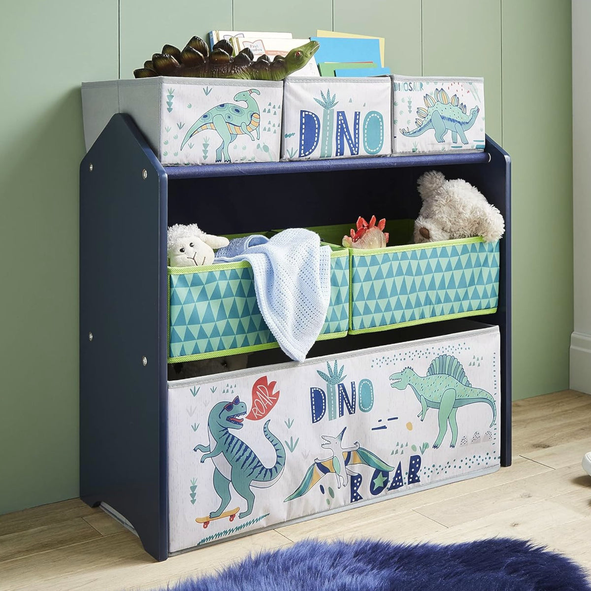 Benbo Kids DINOSAUR gyermek játéktároló textil rekeszekkel – kék-zöld