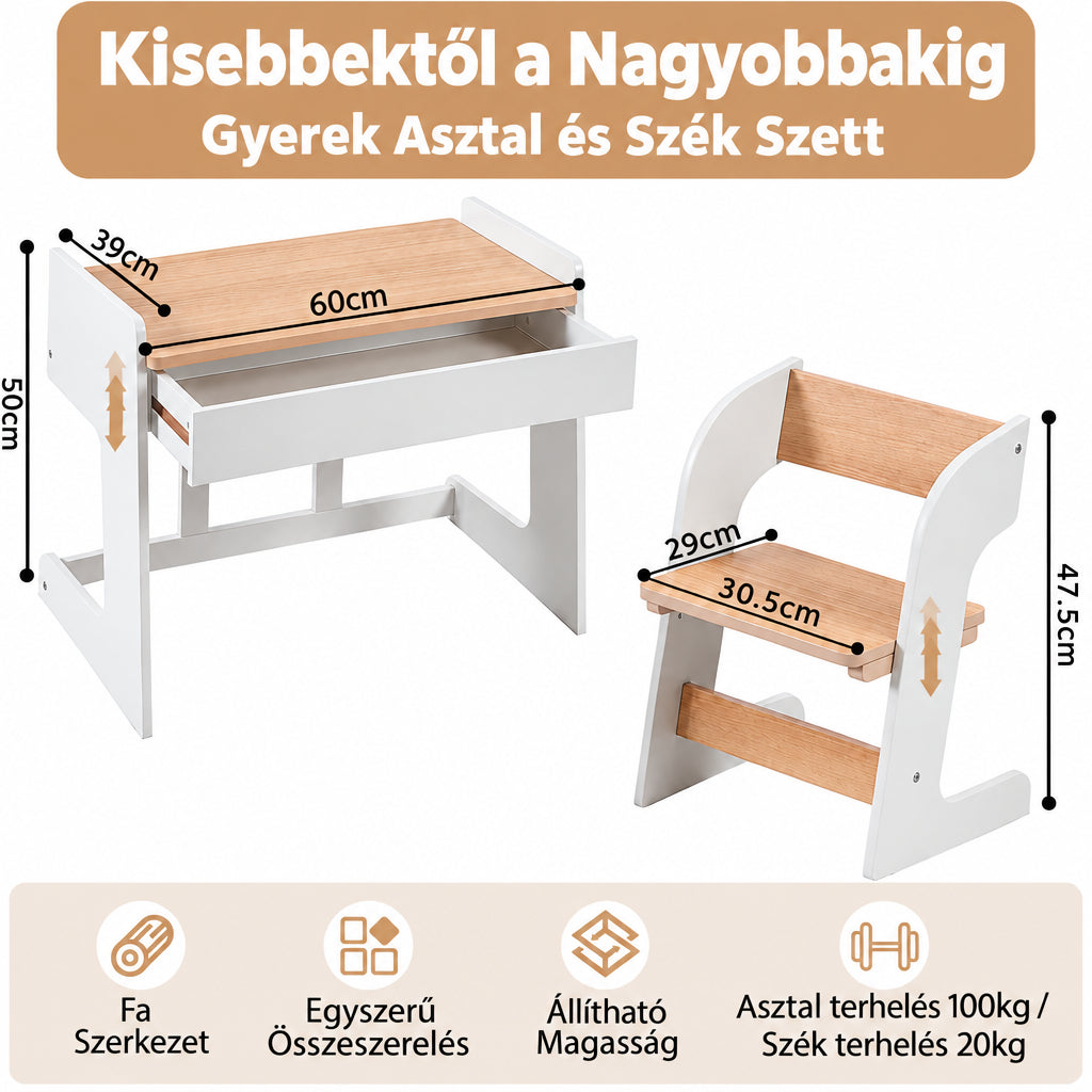 Benbo Kids állítható magasságú gyermek íróasztal székkel és fiókkal – fa-fehér