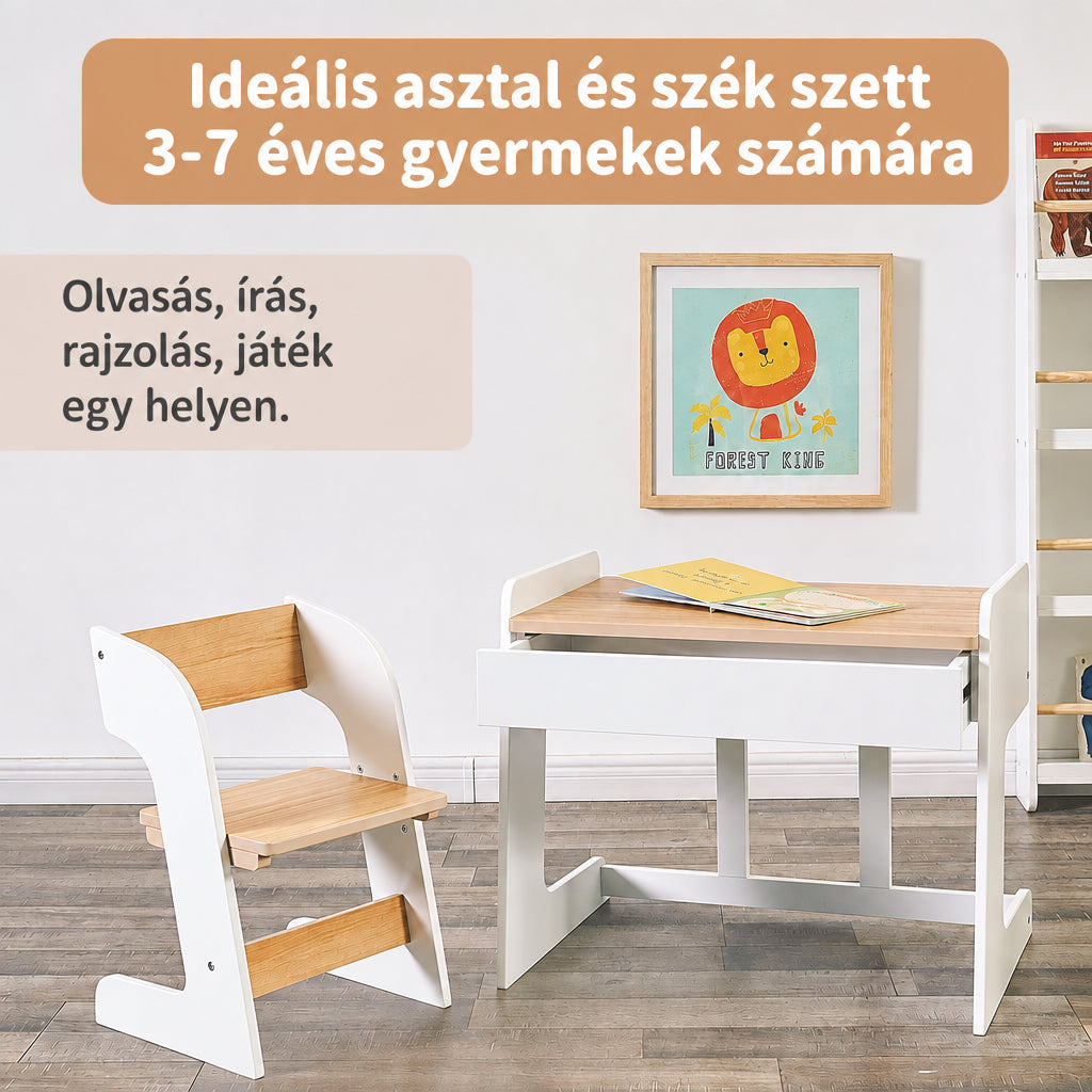Benbo Kids állítható magasságú gyermek íróasztal székkel és fiókkal – fa-fehér