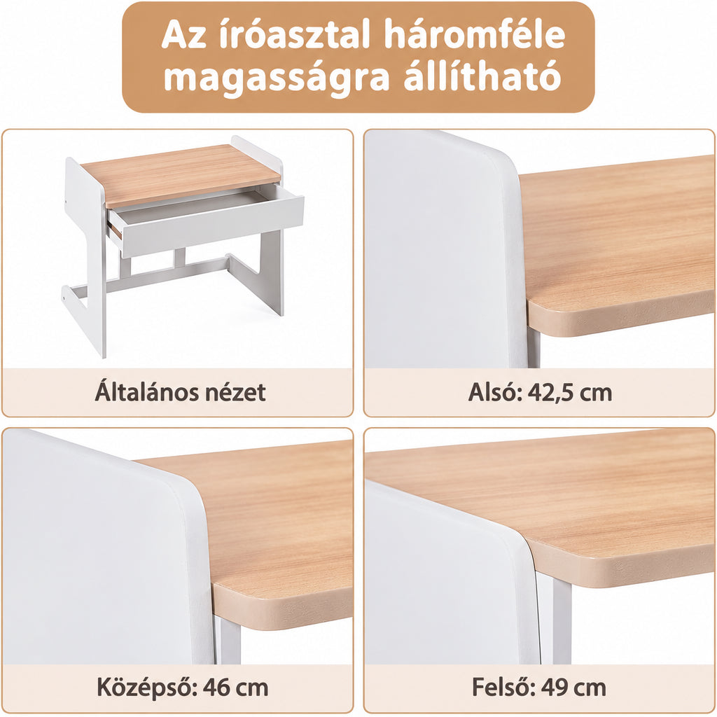 Benbo Kids állítható magasságú gyermek íróasztal székkel és fiókkal – fa-fehér