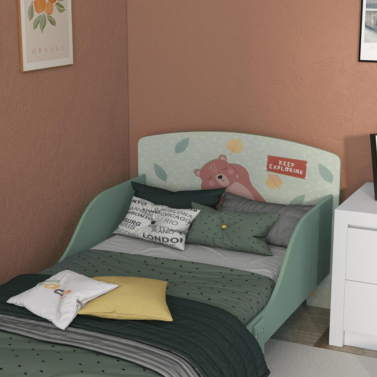 Benbo Kids FOREST gyermekágy leesésgátlóval – mackómintás, 140 × 70 cm-es matrachoz
