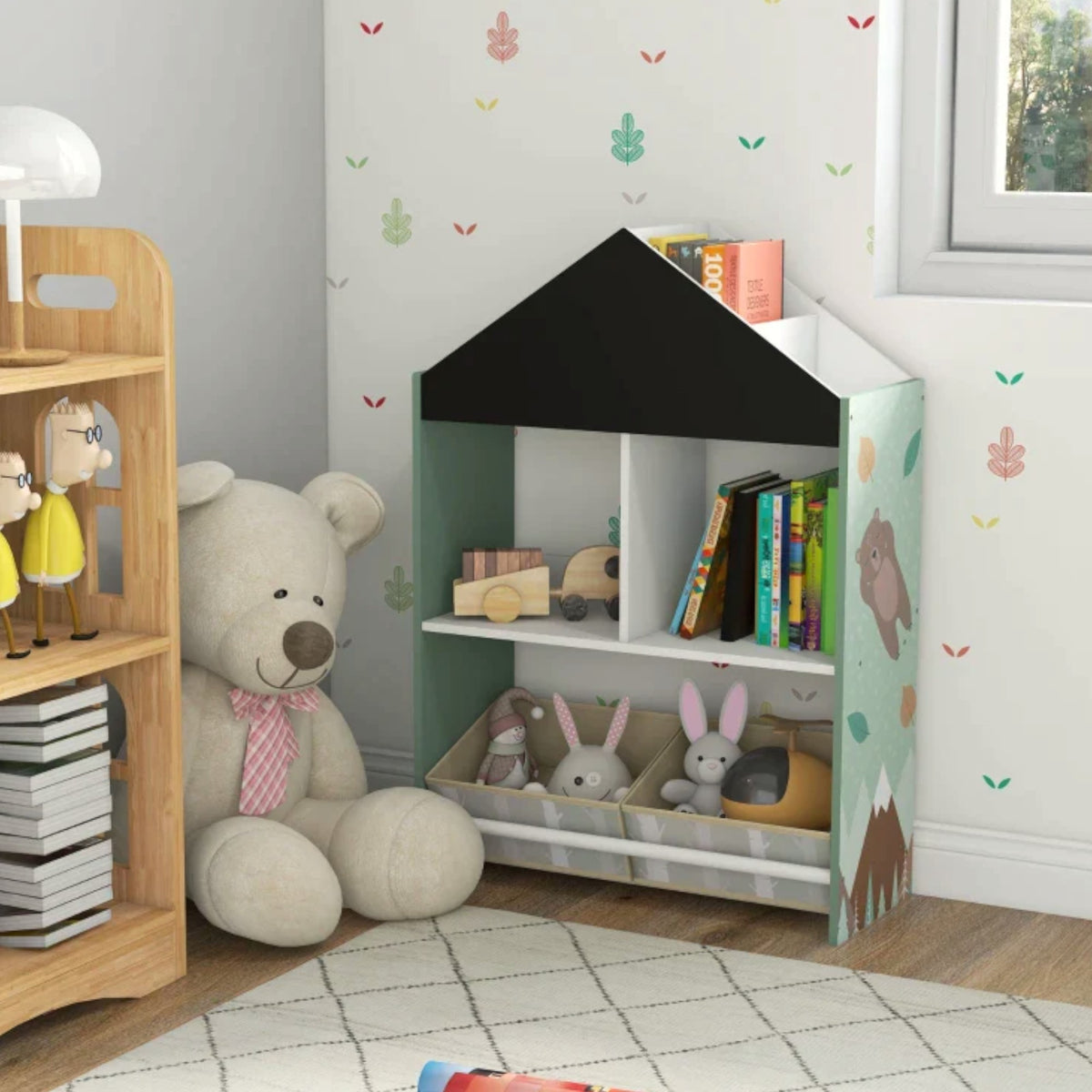 Benbo Kids FOREST házikó formájú gyermek könyv- és játéktároló krétatáblával és 2 tárolódobozzal