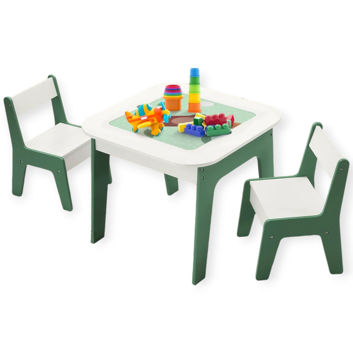 Benbo Kids FOREST 4 az 1-ben gyermekasztal székekkel – LEGO®-kompatibilis építőkockás lap, fehértábla és krétatábla