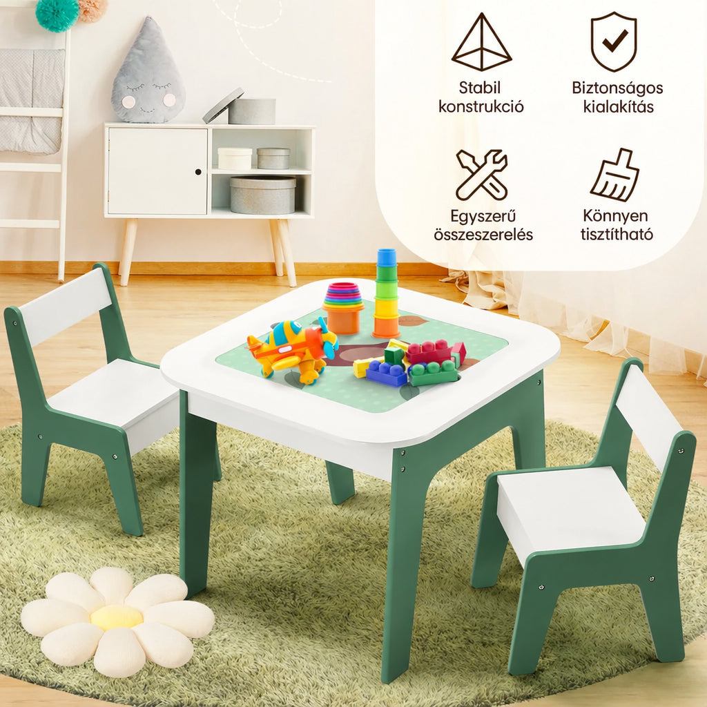 Benbo Kids FOREST 4 az 1-ben gyermekasztal székekkel – LEGO®-kompatibilis építőkockás lap, fehértábla és krétatábla