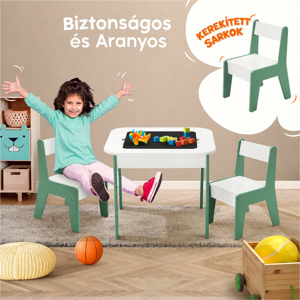Benbo Kids FOREST 4 az 1-ben gyermekasztal székekkel – LEGO®-kompatibilis építőkockás lap, fehértábla és krétatábla