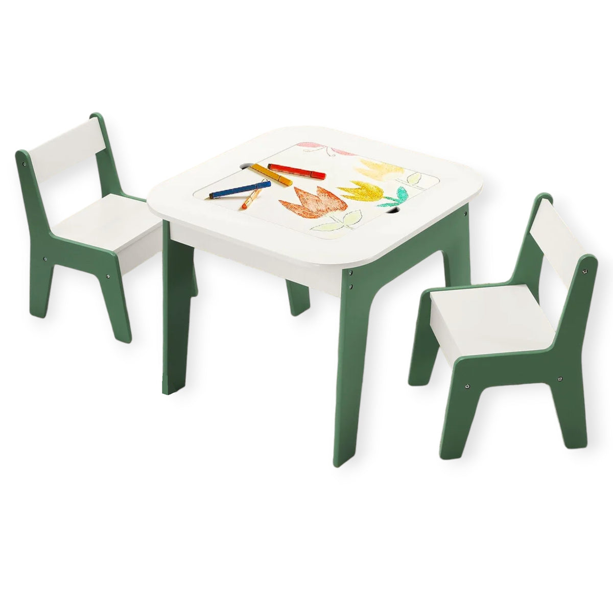 Benbo Kids FOREST 4 az 1-ben gyermekasztal székekkel – LEGO®-kompatibilis építőkockás lap, fehértábla és krétatábla