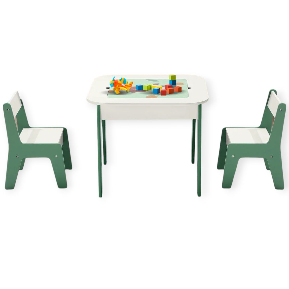 Benbo Kids FOREST 4 az 1-ben gyermekasztal székekkel – LEGO®-kompatibilis építőkockás lap, fehértábla és krétatábla