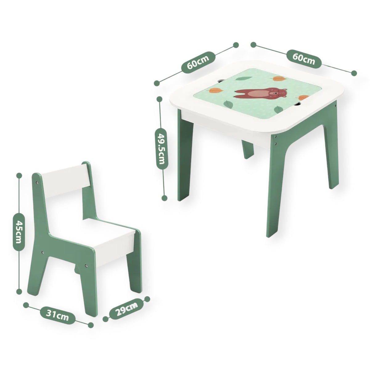 Benbo Kids FOREST 4 az 1-ben gyermekasztal székekkel – LEGO®-kompatibilis építőkockás lap, fehértábla és krétatábla