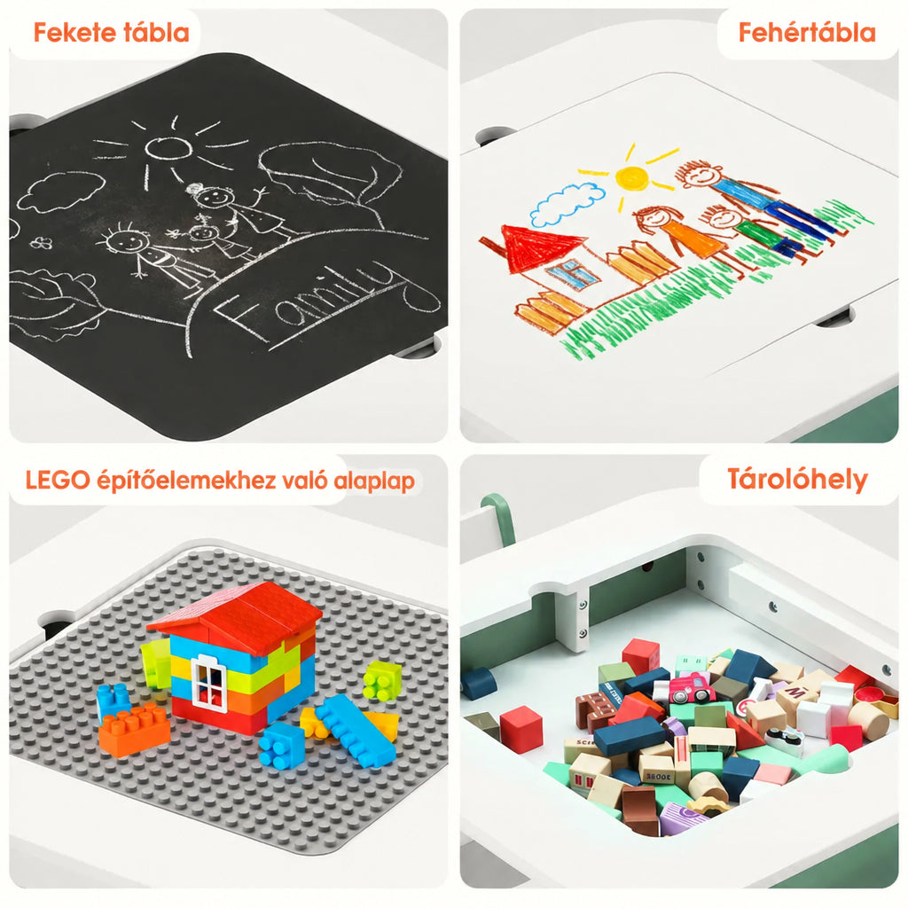 Benbo Kids FOREST 4 az 1-ben gyermekasztal székekkel – LEGO®-kompatibilis építőkockás lap, fehértábla és krétatábla