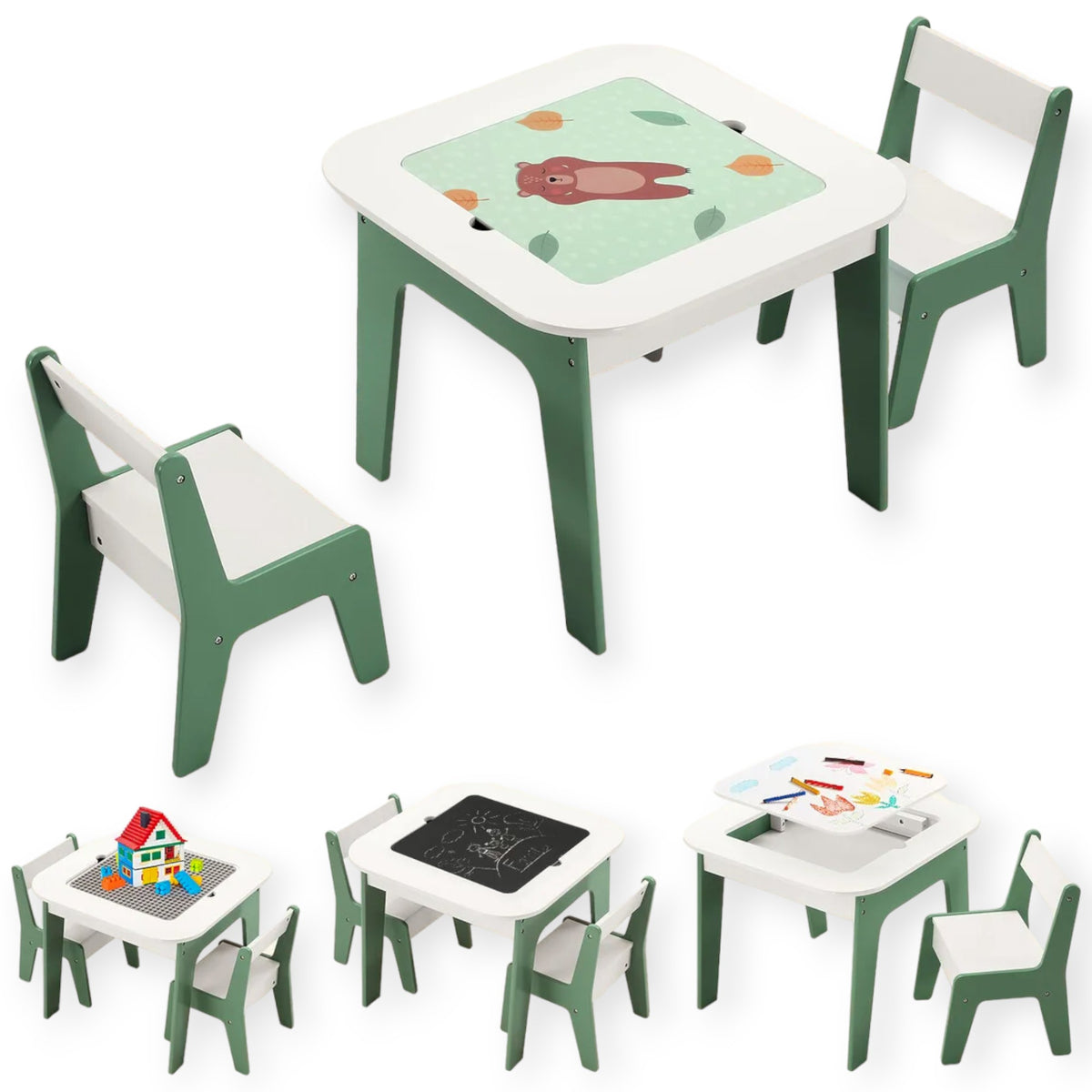 Benbo Kids FOREST 4 az 1-ben gyermekasztal székekkel – LEGO®-kompatibilis építőkockás lap, fehértábla és krétatábla